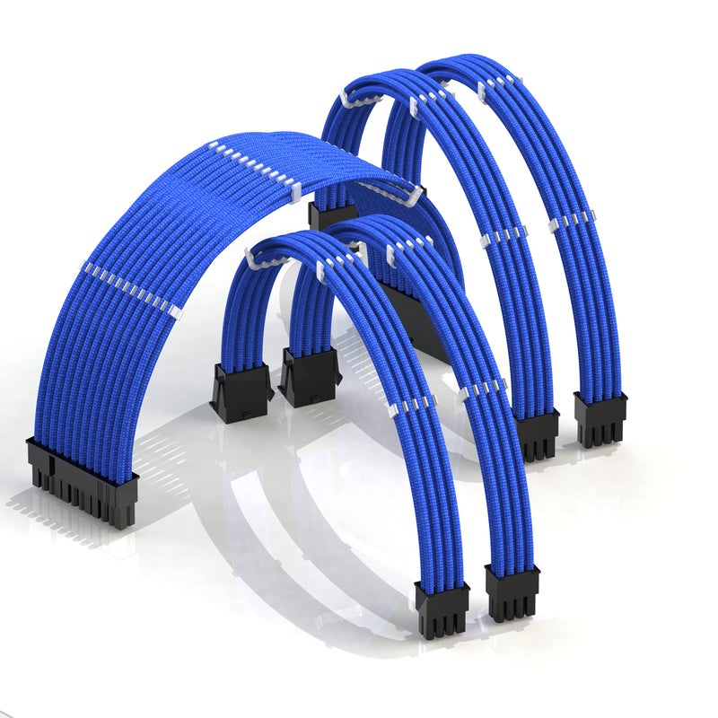LINKUP - AVA 30cm PSU Cable Extension Sleeved Custom Mod GPU PC Braided w/Comb Kit | 1 x 24 P (20+4) | 2 x 8 P (4+4) CPU | 2 x 8 P (6+2) GPU Set | 300mm - Blue - Image 1